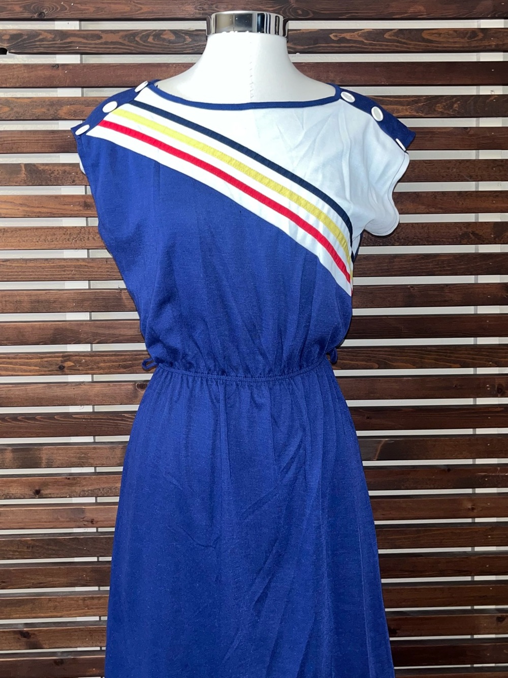 1970s 1980s Vintage Red White Blue Black Yellow Striped Dress w/ Buttons - Picture 4 of 8